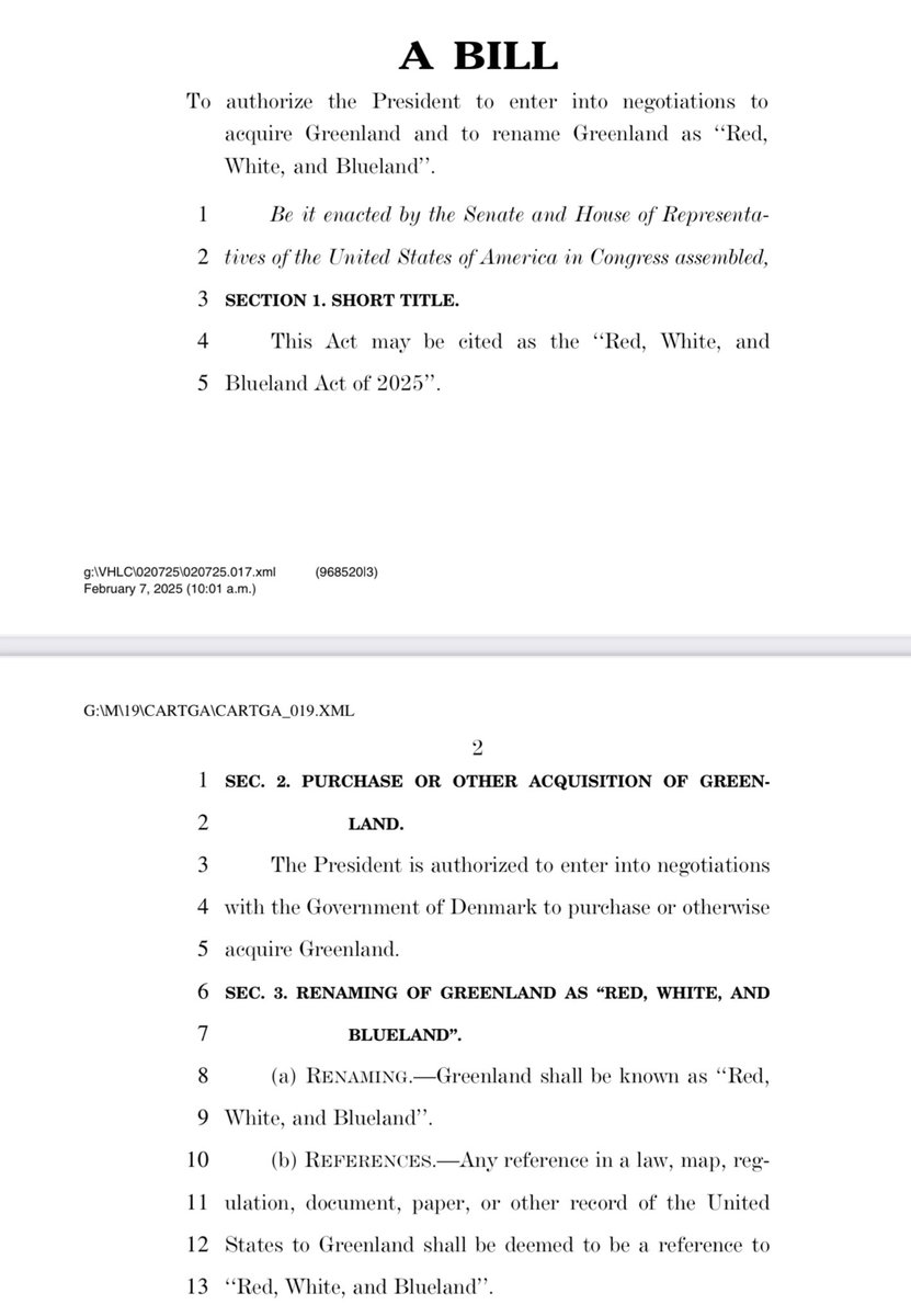 Bill introduced in Congress by Republican to rename Greenland as Red, White and Blueland authorising President to purchase or otherwise acquire Greenland