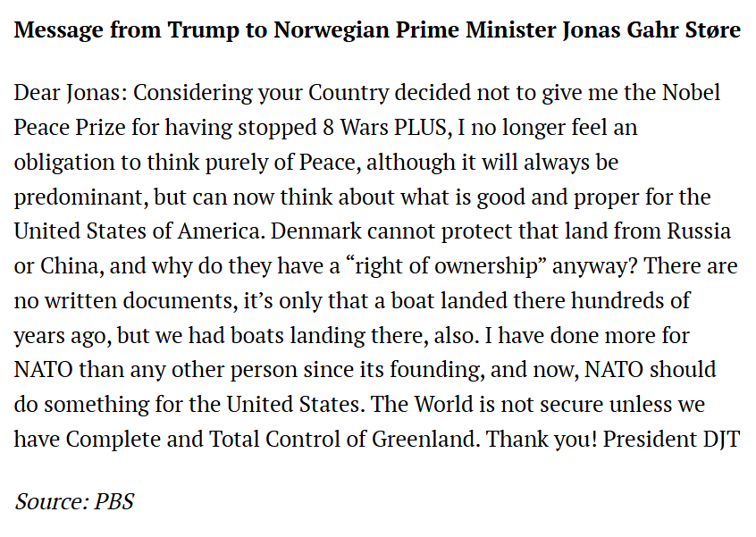 Trump sent message to Norway's prime minister, saying he no longer feels an obligation to think purely of peace because he didn't win the Nobel Peace Prize.  Trump said it's time NATO does something for the U.S. and gives up full control of Greenland, according to PBS