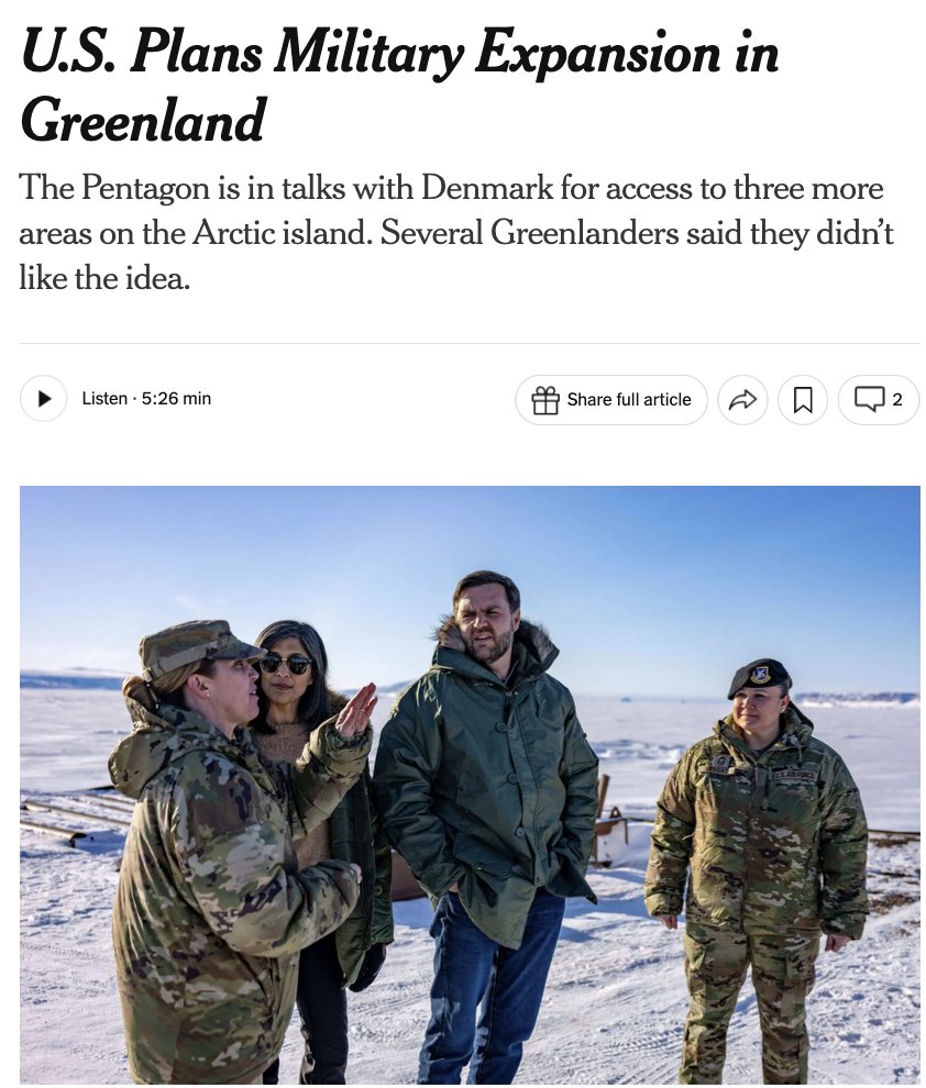 The U.S. military is negotiating with Denmark to expand its presence in Greenland, seeking access to three additional sites — including former American bases at Narsarsuaq and Kangerlussuaq. The move would mark the first major U.S. expansion on the Arctic island in decades. Only one U.S. base is currently active on the island. Source: NYT